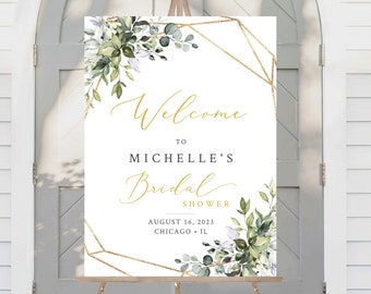 Editable Gold Geometric Foliage Bridal Shower Welcome Sign, Greenery Shower Sign, Eucalyptus Botanical, 3 Sizes Template Inst Download 538-A