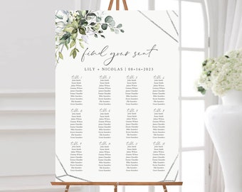 Editable Silver Green Geometric Seating Chart, Printable Table Plan, 18 x 24 24 x 36, A1 A2, Seating Chart Template, Instant Download, 538-A