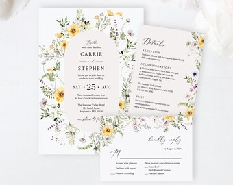 Editable Wildflower Wedding Invitation Suite, Lilac Green Yellow Floral RSVP Details, Wild Flowers Summer Printable Template, Download 581-A