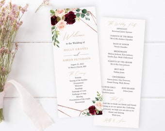 Editable Rose Gold Blush Burgundy Geometric Floral Program, Printable Wedding Program, Pink Merlot DIY Template, Instant Download, 575-A