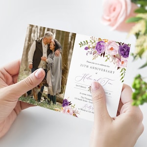 Purple Floral Editable Photo Anniversary Party Invitation, Lilac Boho 25th 30th 40th 50th Anniversary, DIY Template, Instant Download 530-A