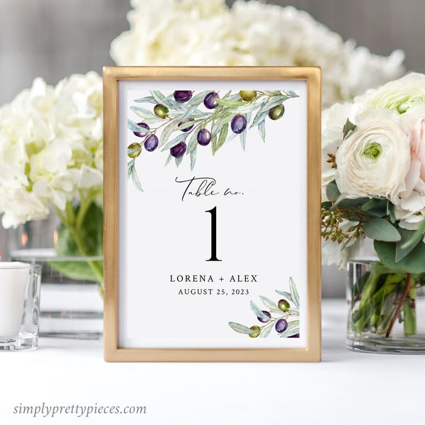 Editable Olive Table Numbers, Printable Olive Tree Branch Table Card, Rustic Italian Decor, Mediterranean, Template, Instant Download 563-A