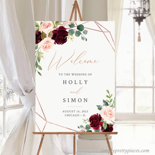 Burgundy Rose Gold Geometric Editable Wedding Welcome Sign, Pink Merlot Sign Template, Unlimited Custom Signs 3 Sizes Instant Download 575-A