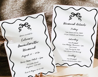 Minimalist Bachelorette Party Invitation Template, Black Bow Bachelorette Itinerary, Doodle Bach Weekend Invite, Wavy Frame, Editable, 532-A