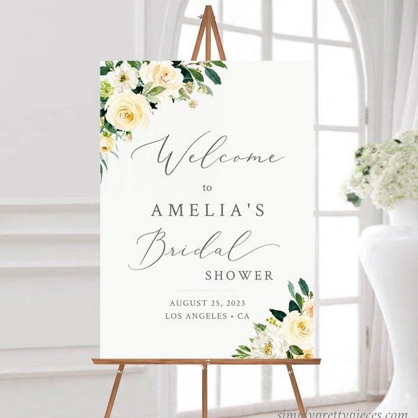 Yellow Floral Editable Bridal Shower Welcome Sign, Yellow Gray Greenery Shower Sign, 16 x 20 18 x 24 24 x 36 Template Inst Download 558-A