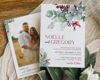 Christmas Wedding Invite, Printable Eucalyptus Invite with Photo, Winter Wedding Invitation, Botanical Invitation Template Editable, 515-A