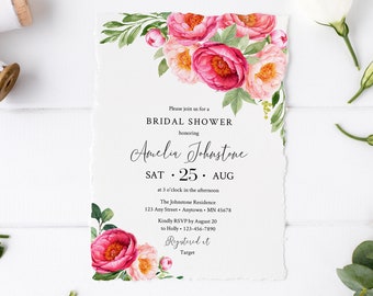 Editable Fuchsia Floral Bridal Shower Invitation, Fuchsia Coral Peonies Shower Invite DIY Template, Printable, Pink, Instant Download 571-A