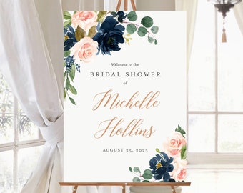 Blush Navy Rose Gold Editable Floral Bridal Shower Welcome Sign, Pink Blue Shower Sign, 16 x 20 18 x 24 24 x 36 Template Inst Download 542-A