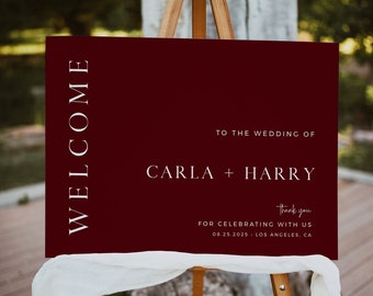 Editable Jewel Tone Modern Wedding Welcome Sign, Printable Minimal Custom Template, Minimalist Signage, Burgundy, 5 Sizes, Download 587-A