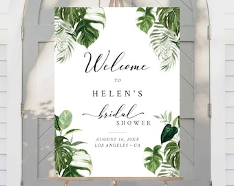 Printable Tropical Greenery Bridal Shower Welcome Sign, Editable Monstera Foliage Shower Sign, Palms 5 Sizes Template Instant Download 550-A