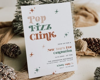Printable NYE Invite, Editable Retro New Year Dinner Invitation, Boho New Year's Eve Party Invitation Template, Muted Cheers to 2025, 215-A