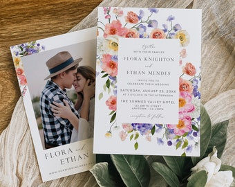 Summer Floral Wedding Invitation, Boho Wedding Invitation, Printable Invite with Photo, Editable Invitation Template 514-A