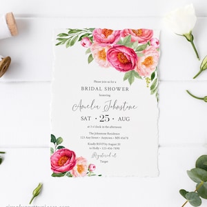Fuchsia Floral Editable Bridal Shower Invitation, Fuchsia Coral Peonies Shower Invite DIY Template, Printable, Pink, Instant Download 571-A