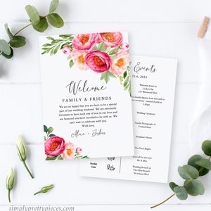 Puede incluir: Un conjunto de invitaciones de boda con un dise&ntilde;o floral. La tarjeta de bienvenida presenta flores rosas y blancas con hojas verdes. La tarjeta dice "Bienvenido Familia y Amigos". La segunda tarjeta enumera los eventos de la boda del d&iacute;a, incluida la ceremonia, la hora del c&oacute;ctel y la cena de recepci&oacute;n.
