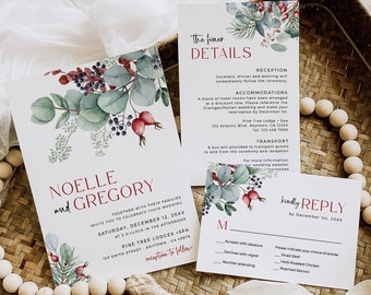 Eucalyptus Wedding Invite Foliage, Winter Wedding Invitation Set QR Code RSVP, Christmas Wedding Invite Suite Photo, Editable Template 515-A