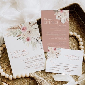 Suite di inviti per matrimonio Boho, set di inviti Dusty Rose, invito fotografico Pampas Grass, stampabile Boho, dettagli RSVP, modello modificabile, 593-A