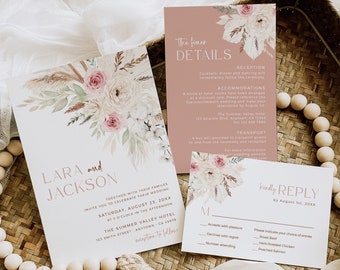 Dusty Rose Invite Set, Bohemian Wedding Invitation Suite, Pampas Grass Photo Invite, Boho Printable, RSVP Details, Editable Template, 591-A