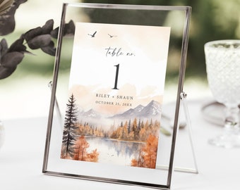 Fall Wedding Table Number, Rustic Table Number Template, Woodland Wedding Table Number, Printable Table Card Mountain Outdoor Editable 599-A