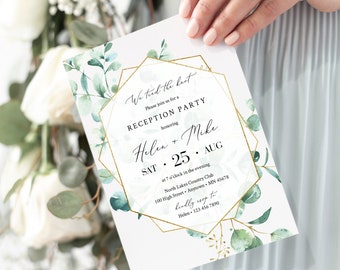 Editable Reception Party Invitation, Eucalyptus Geometric Green Gold After Party Elopement Template, We Tied the Knot Instant Download 533-A