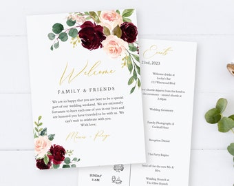 Editable Burgundy Welcome Bag Letter Itinerary, Blush Floral Wedding Timeline, Printable Order of Events, Template, Instant Download 574-A