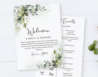 Editable Watercolor Foliage Welcome Bag Letter Itinerary, Greenery Wedding Timeline, Printable Order of Events Template, Inst Download 549-A
