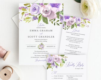 Editable Dusty Lilac Floral Wedding Invitation Suite, Wisteria RSVP Details, Purple Printable Template, Lavender, Instant Download, 555-A