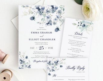 Winter Floral Editable Wedding Invitation Suite, Christmas RSVP Details, Navy Silver Gray Printable Template Instant Download Templett 544-A