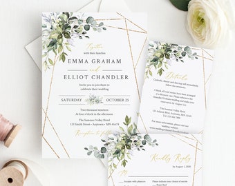 Gold Geometric Editable Wedding Invitation Suite, Greenery Foliage RSVP Details, Printable Template, Botanical, Inst Download Templett 538-A