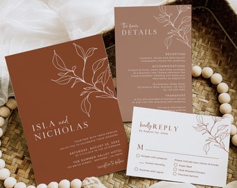 Editable Terracotta Botanical Wedding Invitation Suite, Printable Modern Line Art Photo Invite, RSVP Details Template Instant Download 589-B