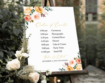 Fall Gold Floral Editable Order of the Day Sign, Order of Events, Autumn Itinerary, Schedule, Timeline, Template Instant Download 540-A