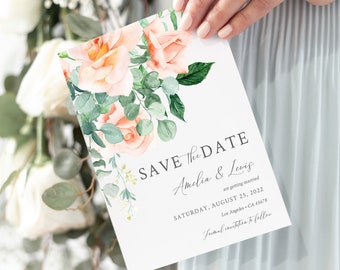 Editable Peach Floral Save the Date, Printable Peach Greenery Save our Date DIY Template, Roses, Eucalyptus Date Card Instant Download 551-A