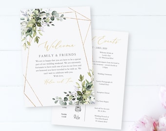 Editable Greenery Gold Welcome Bag Letter Itinerary, Botanical Wedding Timeline, Printable Order of Events Template Instant Download 538-A