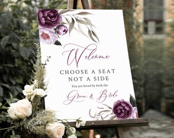 Editable Purple Floral Pick a Seat Wedding Sign, Lilac Plum Choose a Seat Sign, 16 x 20 18 x 24 24 x 36, Template, Instant Download 527-A