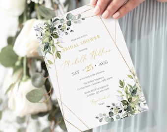 Editable Greenery Gold Geometric Bridal Shower Invitation, Eucalyptus Shower Invite DIY Template, Foliage Printable, Instant Download, 538-A