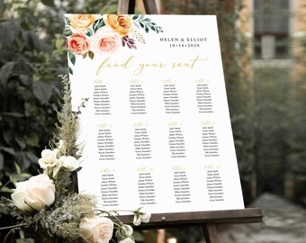 Greenery Gold Blush Floral Editable Table Plan, Fall Boho Printable Seating Chart, 18 x 24 24 x 36, A1 A2, Template, Instant Download, 540-A