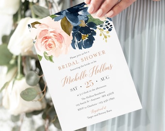 Rose Gold Navy Blush Floral Editable Bridal Shower Invitation, Boho Shower Invite DIY Template, Printable, Pink Blue Instant Download, 542-A