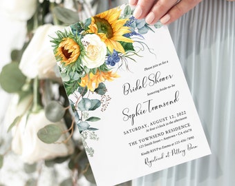 Editable Sunflower Bridal Shower Invitation, Greenery Yellow Floral Shower Invite DIY Template, Printable, Eucalyptus Instant Download 565-A
