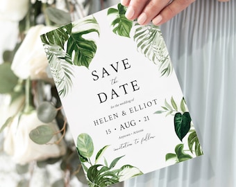 Editable Monstera Save the Date, Printable Save the Date DIY Template, Tropical Foliage Greenery Botanical, Palm Leaf Instant Download 550-A