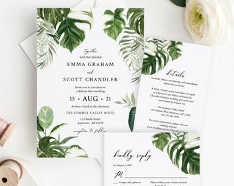 Editable Monstera Wedding Invitation Suite, Tropical Greenery RSVP Details, Tropical Foliage Palms Printable Template Instant Download 550-A