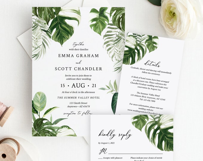 Featured listing image: Editable Monstera Wedding Invitation Suite, Tropical Greenery RSVP Details, Tropical Foliage Palms Printable Template Instant Download 550-A