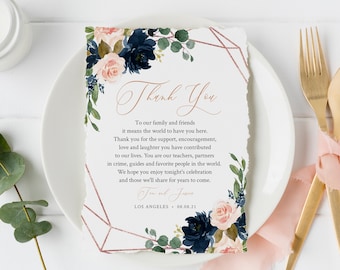 Editable Thank You Letter, Navy Blush Rose Gold Geometric Pink Floral Napkin Note DIY Template, Printable Menu Thank Instant Download, 529-A