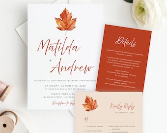 Fall Maple Leaf Editable Modern Wedding Invitation Suite, Minimalist RSVP Details, Burnt Orange Printable Template, Instant Download 567-A