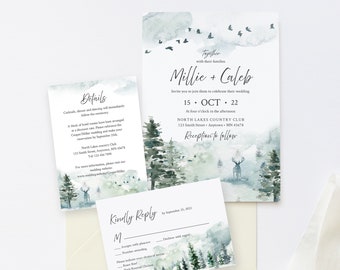 Editable Rustic Forest Wedding Invitation Suite, Deer Stag RSVP Details, Woodland Pine Printable Template, Instant Download, Templett 570-A