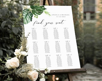 Editable Monstera Table Plan, Tropical Greenery Wedding Printable Seating Chart, 18 x 24 24 x 36, A1 A2, Template, Instant Download, 550-A