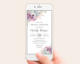 Editable Digital Succulent Bridal Shower Invitation, Lilac Green Cactus Invite Template, Boho Text Message Social Media Inst Download 535-A