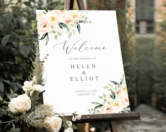 Wedding Welcome Sign Template, Editable Floral Reception Sign, Large Welcome Signage Blush Greenery Anniversary Welcome Sign, Editable 536-A