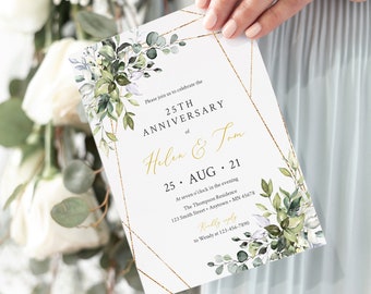 Greenery Gold Geometric Editable Anniversary Party Invitation, Foliage 25th 30th 40th 50th Anniversary DIY Template, Instant Download 538-A