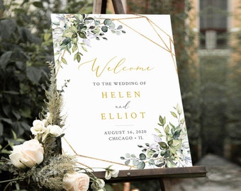 Editable Foliage Gold Geometric Wedding Welcome Sign, Botanical Shower, Unlimited, 16 x 20 18 x 24 24 x 36, Template Instant Download 538-A