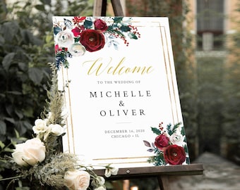 Winter Cranberry Gold Floral Editable Wedding Welcome Sign, Shower Sign, Unlimited, 16 x 20 18 x 24 24 x 36, Template Instant Download 543-A