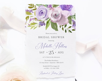 Editable Dusty Lilac Bridal Shower Invitation, Floral Boho Shower Invite Template, Dusty Lavender Purple Printable, Instant Download, 555-A